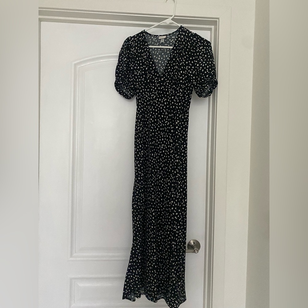 A New Day Heart Print Puff Sleeve Midi Dress